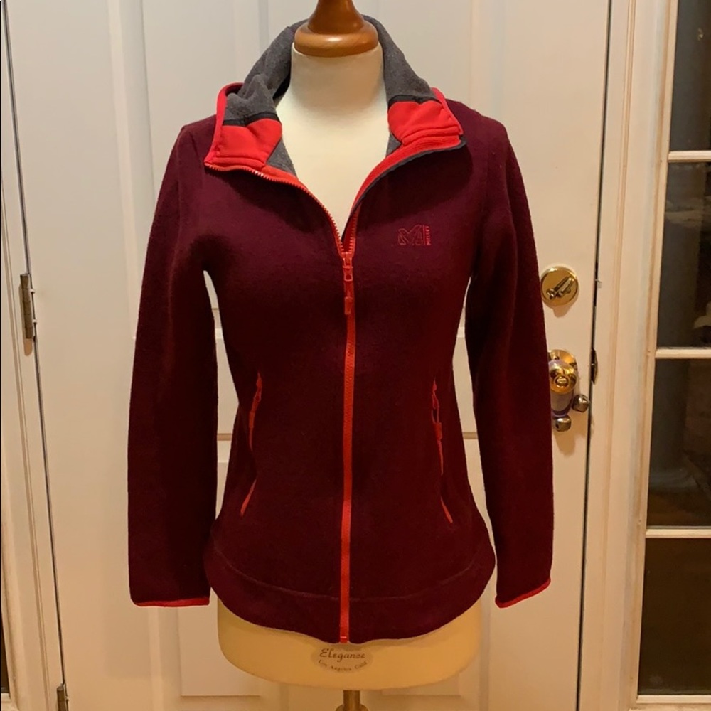 Millet burgundy wool zip-front hoodie, Size M